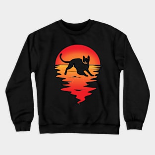 cat playing at retro sunset Crewneck Sweatshirt